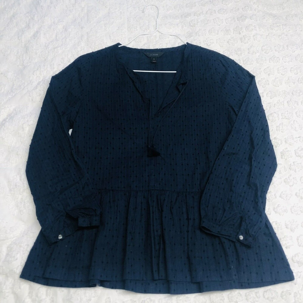 J. Crew Navy Blue Swiss Dot Long Sleeve Ruffle Blouse Shirt Top Size 6 Tie Neck